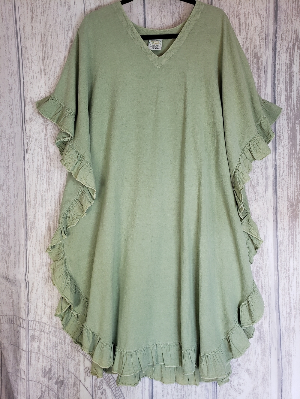 Drawstrings of Malibu Preshrunk Crinkle Cotton Ruffle trim tunic dress O/S  C34
